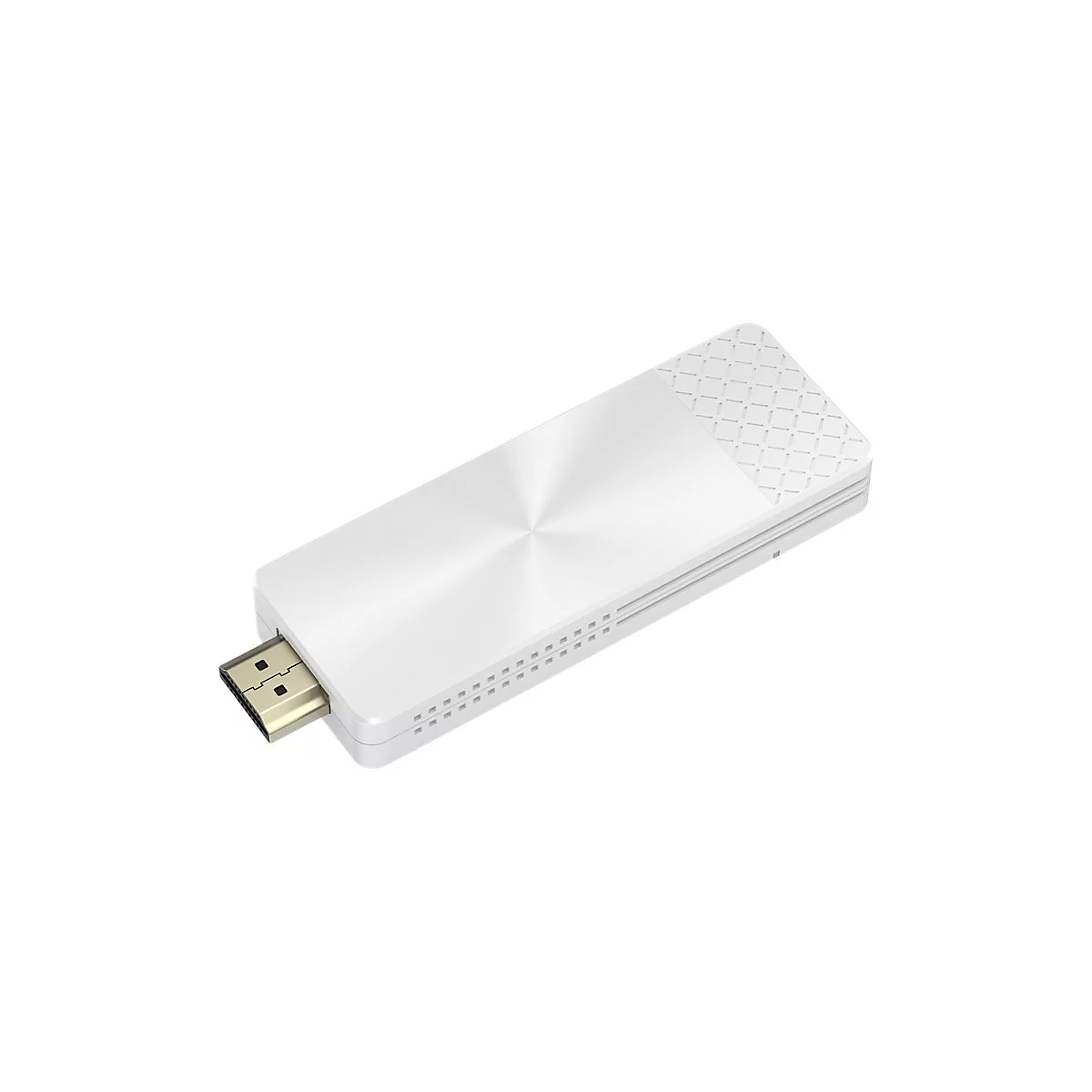 Ein weißer HDMI-Streaming-Stick mit metallischem Glanz und einem strukturierten Muster am Ende.