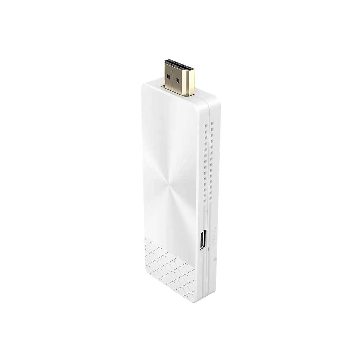 Ein weißer HDMI-Streaming-Stick mit einem goldenen Stecker vor weißem Hintergrund.