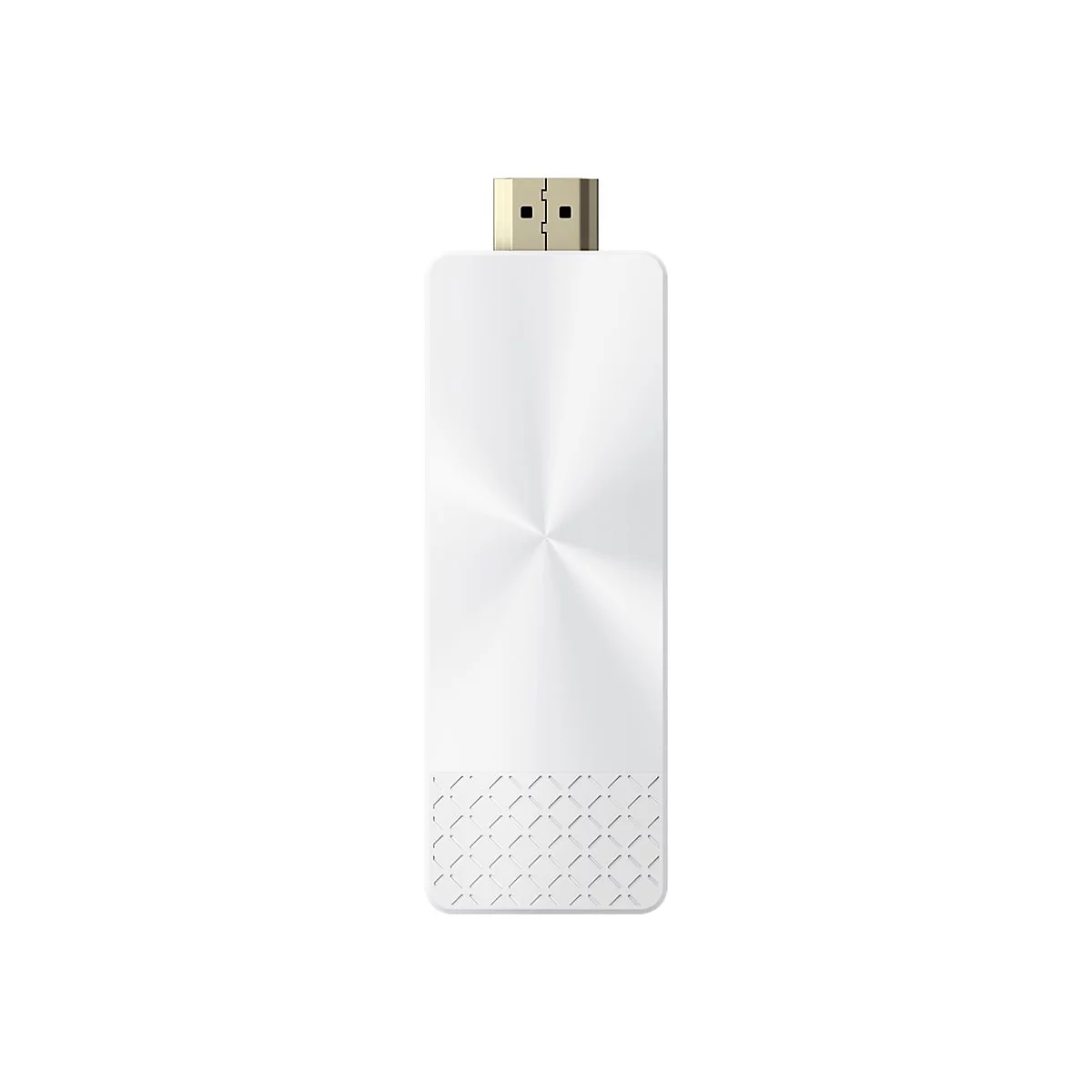 Ein weißer HDMI-Streaming-Stick mit metallischem Glanz und einem gemusterten unteren Ende vor weißem Hintergrund.