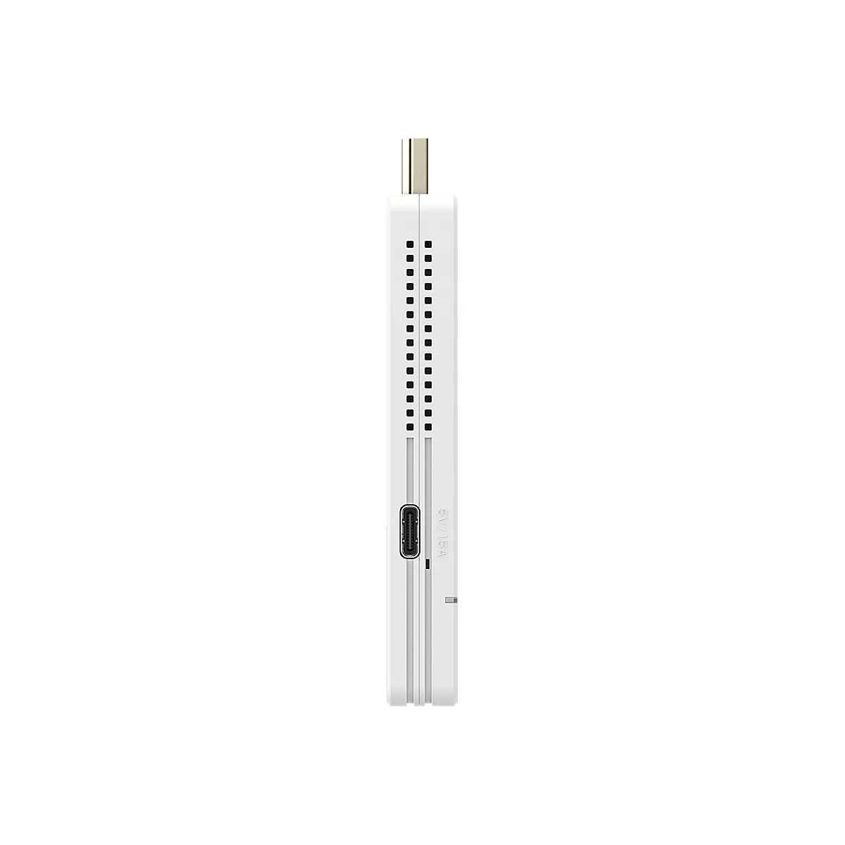 Seitenansicht eines weißen Streaming-Sticks mit USB-C-Anschluss und Belüftungsschlitzen vor weißem Hintergrund.