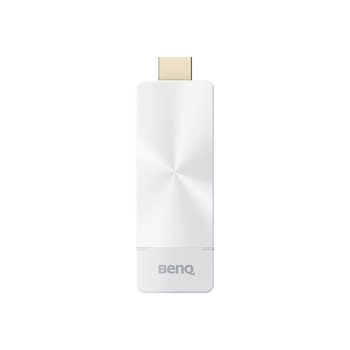 Ein weißer BenQ Streaming-Stick mit goldenem HDMI-Anschluss vor neutralem Hintergrund.