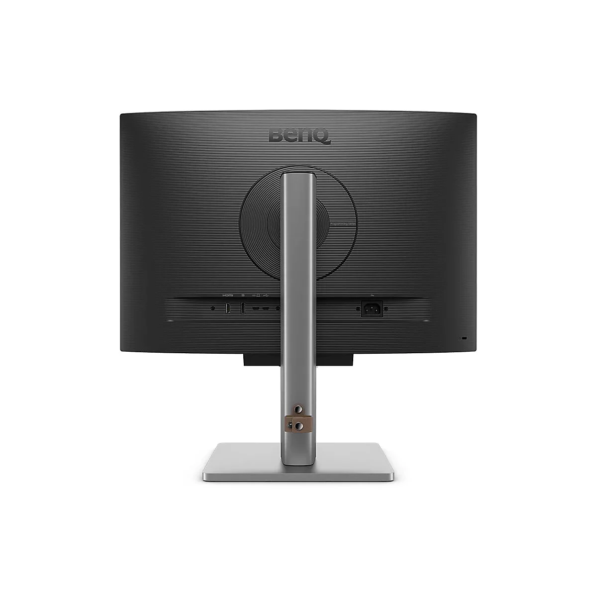 Rückseite eines schwarzen Monitors mit Standfuß, auf weißem Hintergrund. Oben: BENQ.