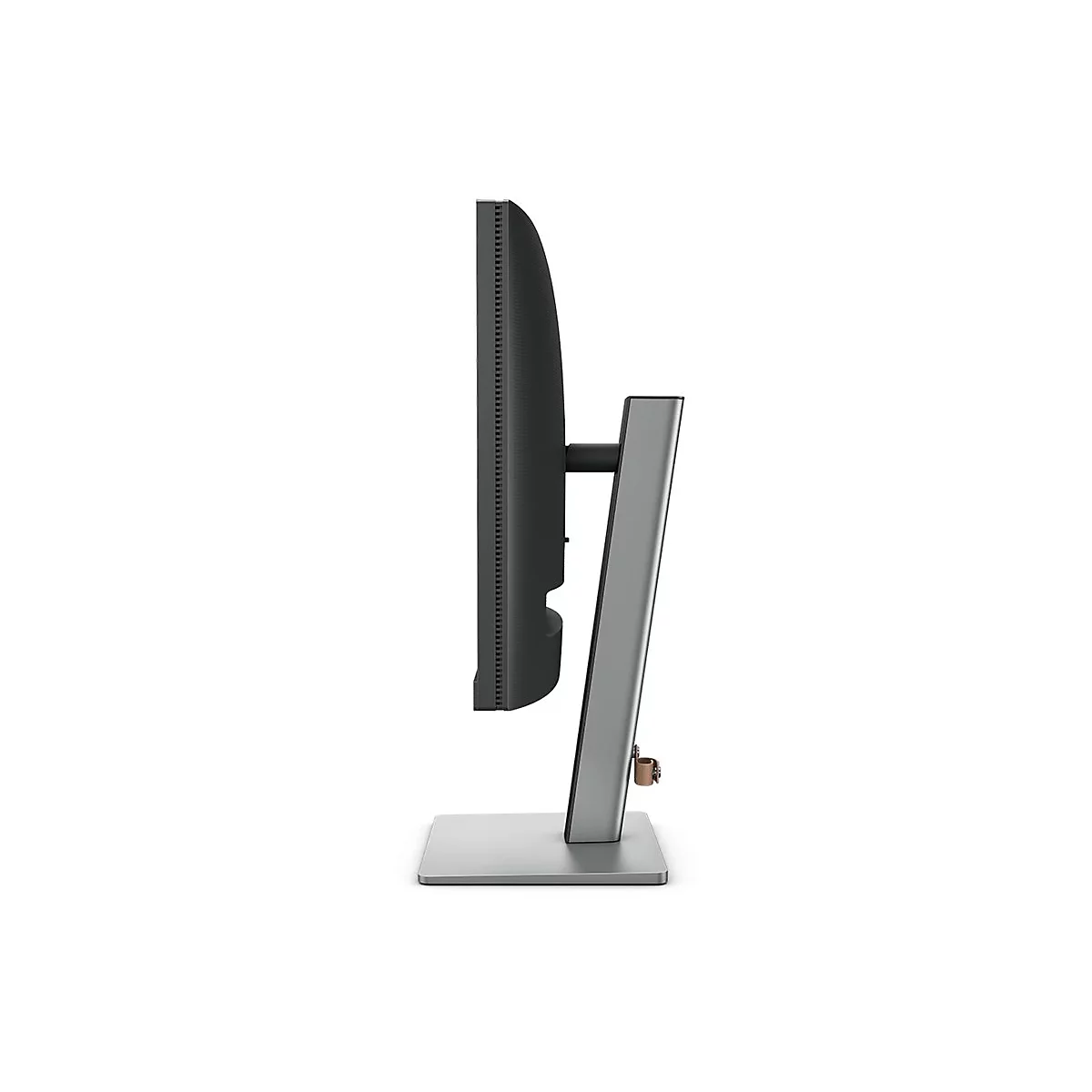 Seitenansicht eines schlanken, grauen Monitors. Er steht auf einem quadratischen Fuß, der Monitor selbst ist schwarz.