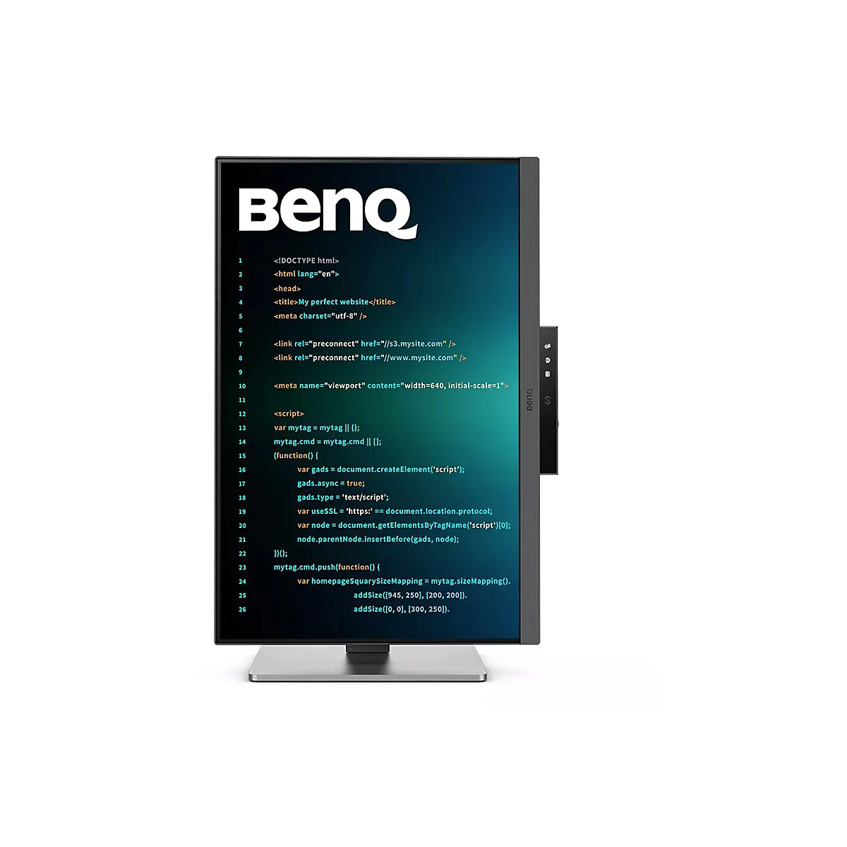 Ein schwarzer BenQ-Monitor mit weißem BenQ-Logo. Der Bildschirm zeigt HTML-Code und Code-Schnipsel.