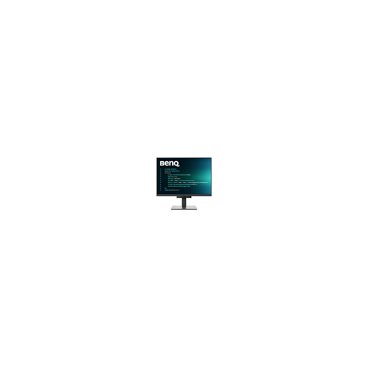 Ein schwarzer BenQ Monitor mit dem Firmenlogo. Auf dem Bildschirm ist Code auf grünem Hintergrund zu sehen.