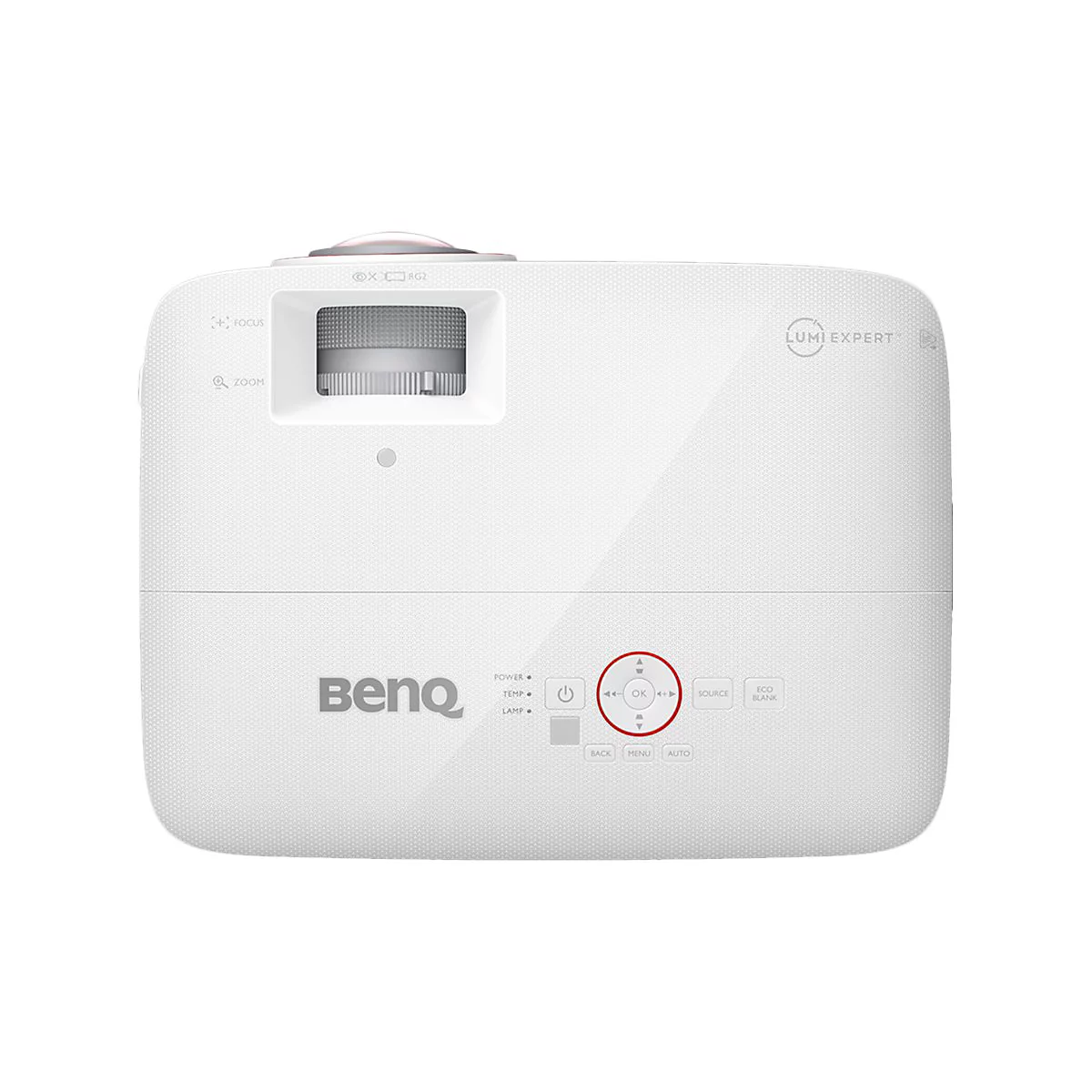 Weißer BenQ-Projektor, Knöpfe mit Aufschriften: Power, Menü, OK, Source. Oben: Focus und Zoom.