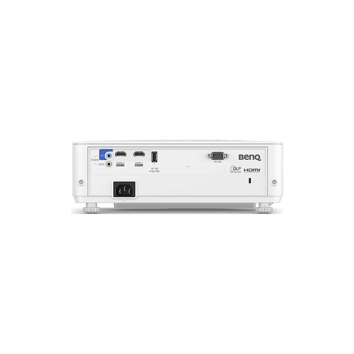 Arrière d'un projecteur BenQ blanc. Ports: audio, HDMI, USB, RS-232. Logo BenQ et logo HDMI.