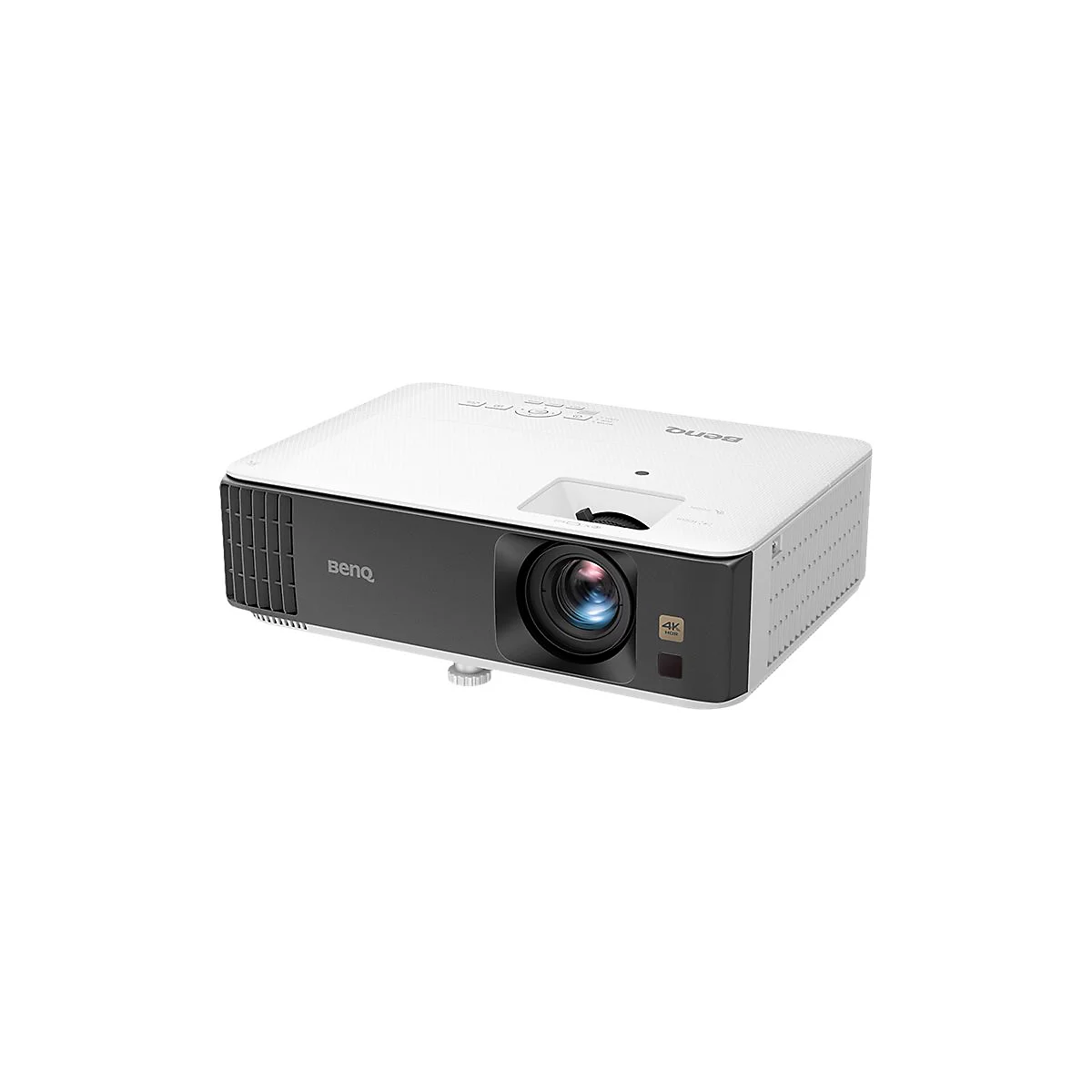 Ein weiÃŸer BenQ-Projektor mit schwarzer Vorderseite, Objektiv und dem 4K-Logo. Auf weiÃŸem Hintergrund.