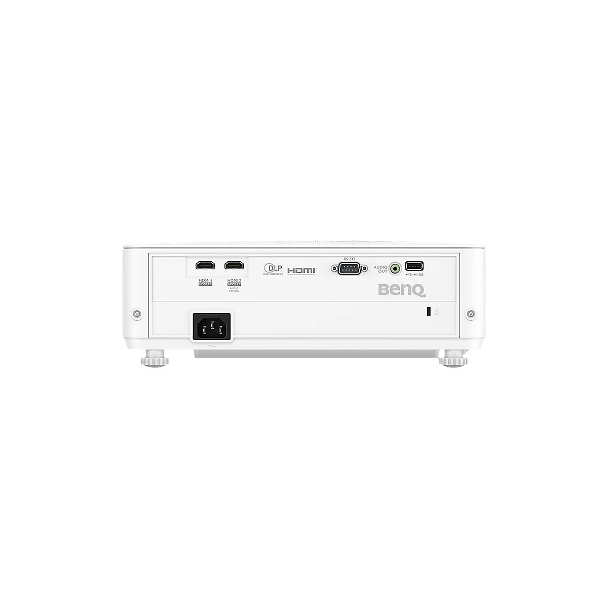 RÃ¼ckseite eines weiÃŸen Projektors mit AnschlÃ¼ssen: HDMI, Audio, USB, RS-232. BenQ Logo.
