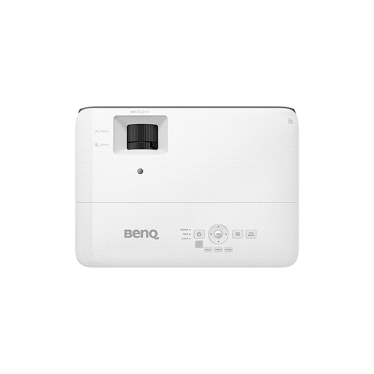 WeiÃŸer Projektor mit Linsenrad und BedienknÃ¶pfen. Unten steht der Markenname BenQ.
