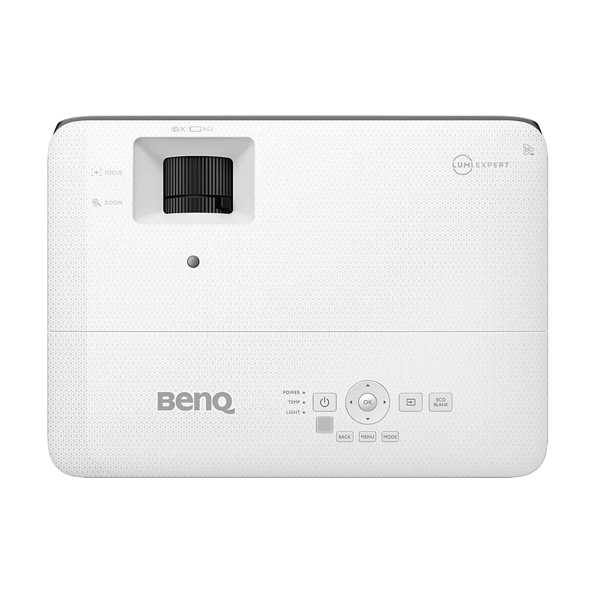Weißer BenQ-Projektor von oben. Mit Bedienelementen, Zoom- und Fokusfunktionen.