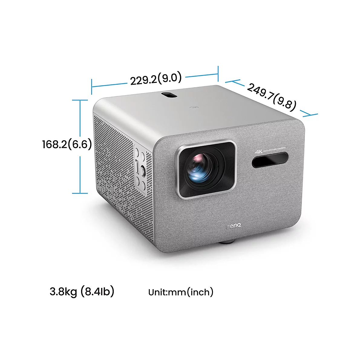 Projecteur gris avec dimensions. Sur le devant, il y a un objectif et l'inscription BenQ.