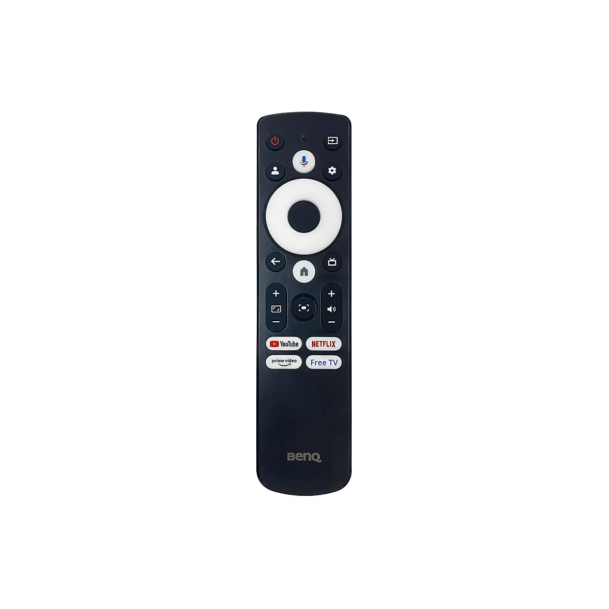 Télécommande noire avec boutons. Haut : marche/arrêt, micro, engrenage. Milieu : molette de navigation. Bas : YouTube, Netflix, Prime Video, Free TV.