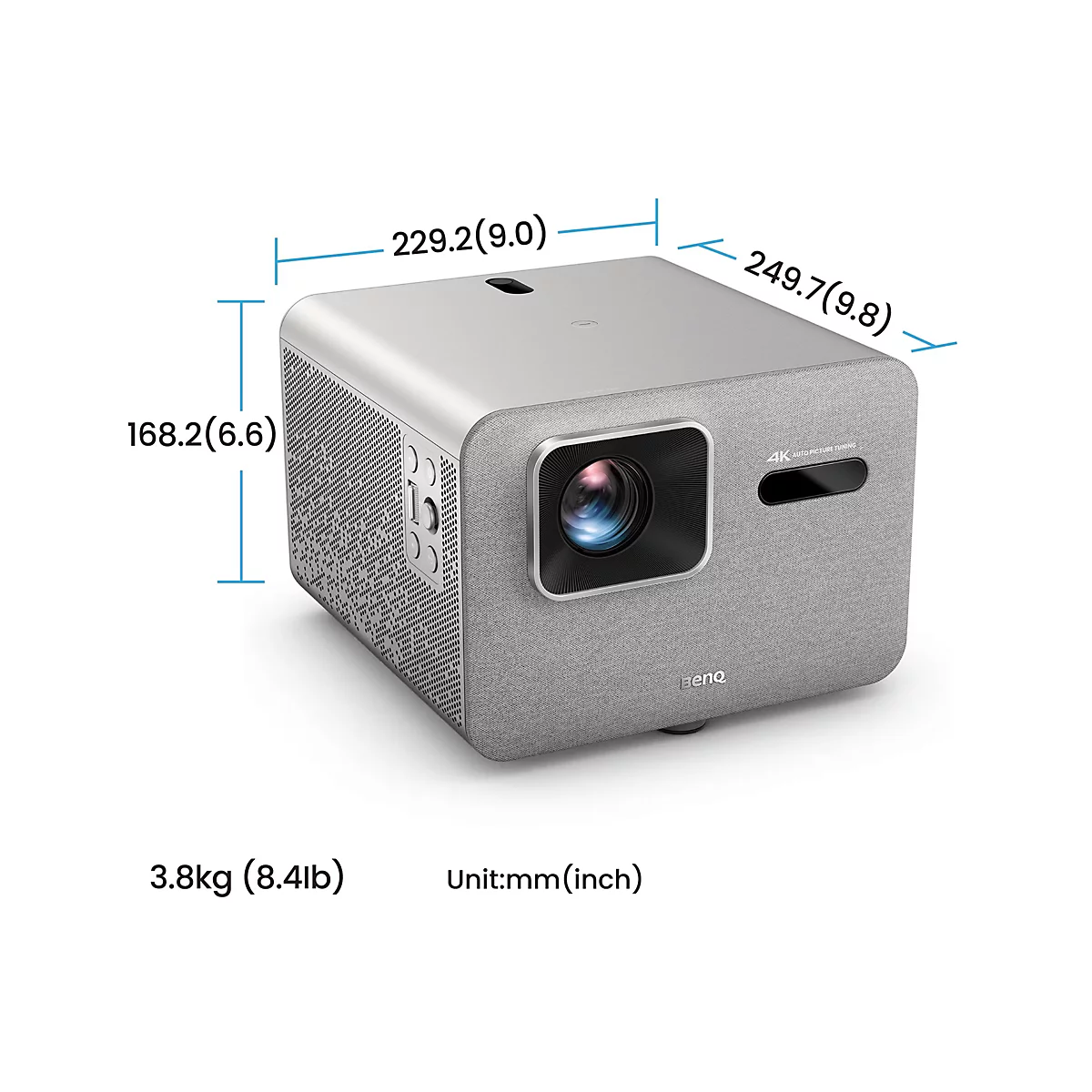 Ein grauer Beamer mit Maßangaben. Maße: 229,2mm x 249,7mm x 168,2mm. Gewicht: 3,8 kg. Mit BenQ-Logo und 4K-Autobild-Tuning.
