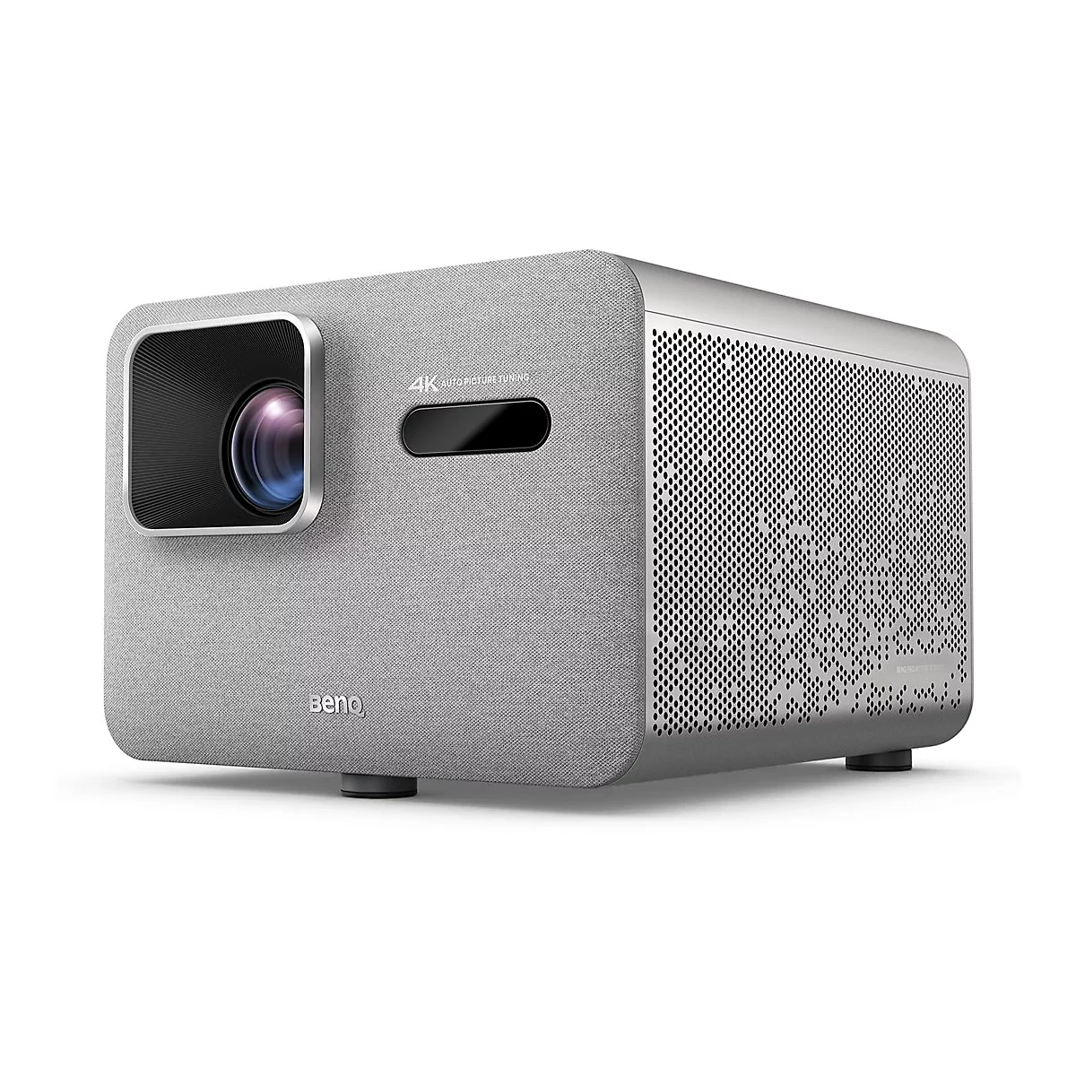 Grauer Projektor, 4K Auto Picture Tuning, Objektiv mit blauem Licht, seitliche Lüftungslöcher, BenQ-Logo.