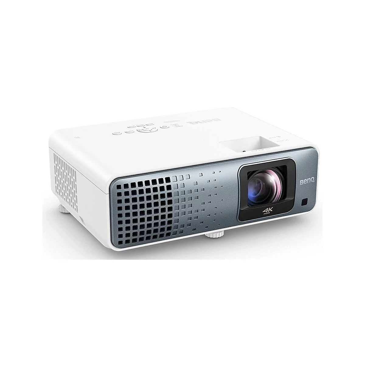 Projecteur blanc-gris avec logo BenQ. Objectif à l'avant, à côté "4K HDR".