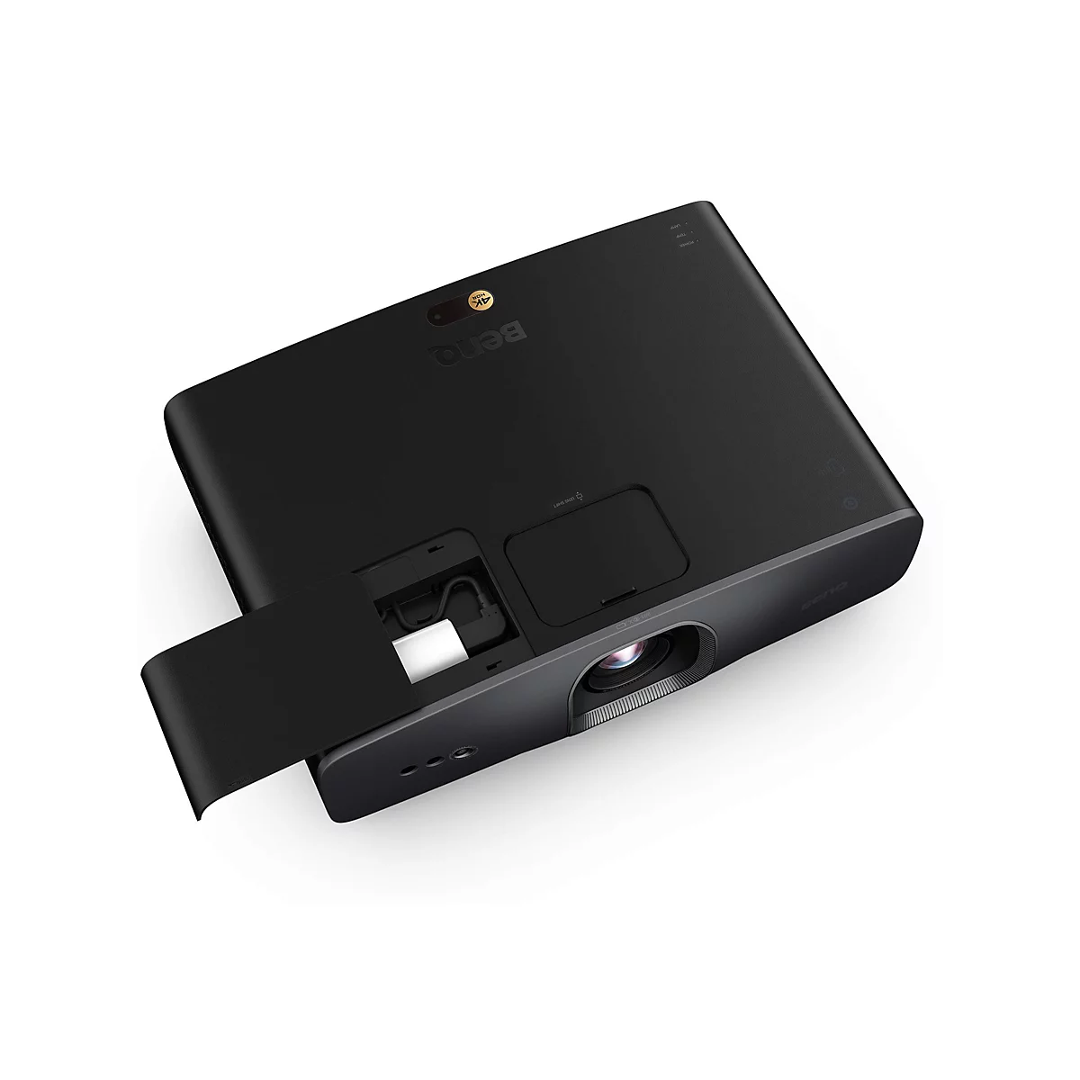 Projecteur BenQ noir, avec compartiment ouvert, sur fond blanc. Le texte "4K" est visible.