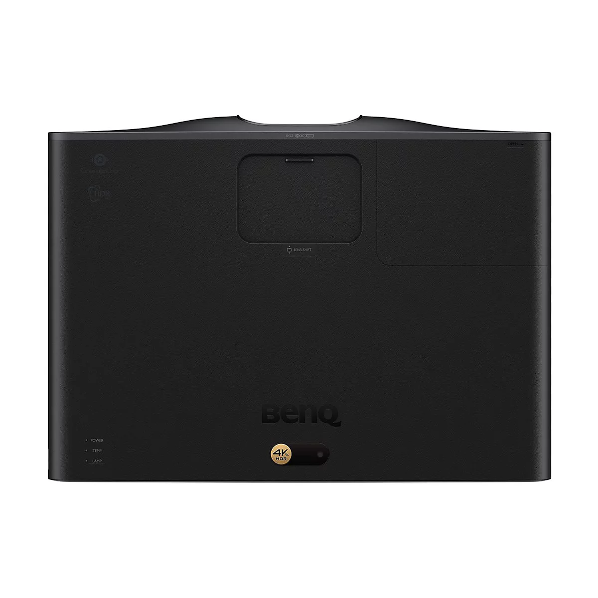 Projecteur BenQ noir, en gros plan. Logo et fonctionnalités telles que 4K HDR, Lens Shift et CinematicColor. Lettrage en haut à gauche et à droite.
