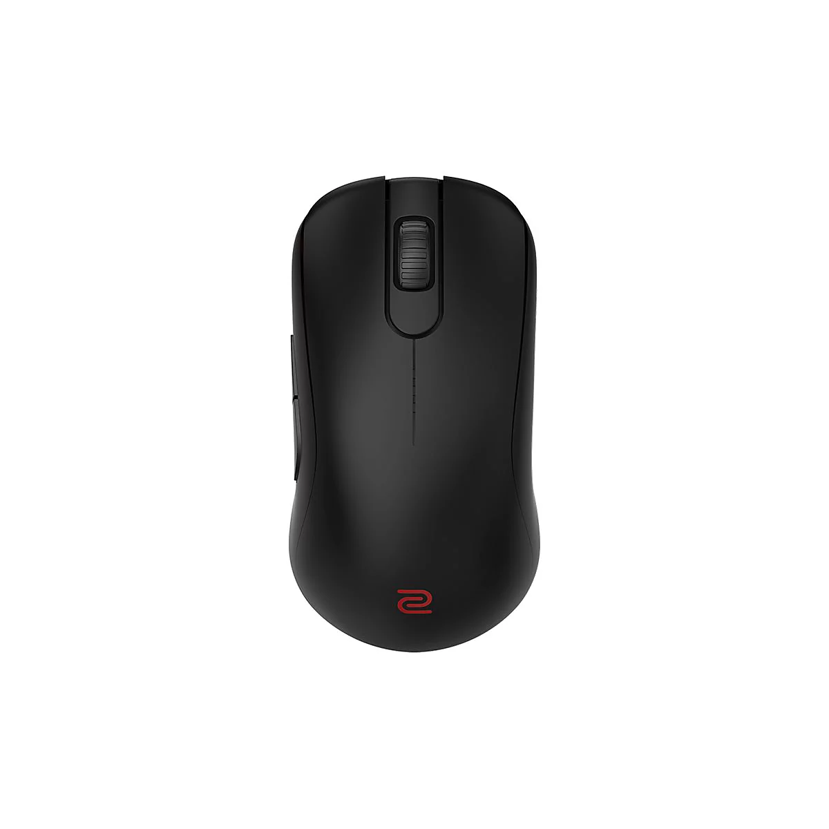 Souris de jeu noire avec logo rouge. Molette de défilement en haut, deux boutons sur le côté. Sur fond blanc.