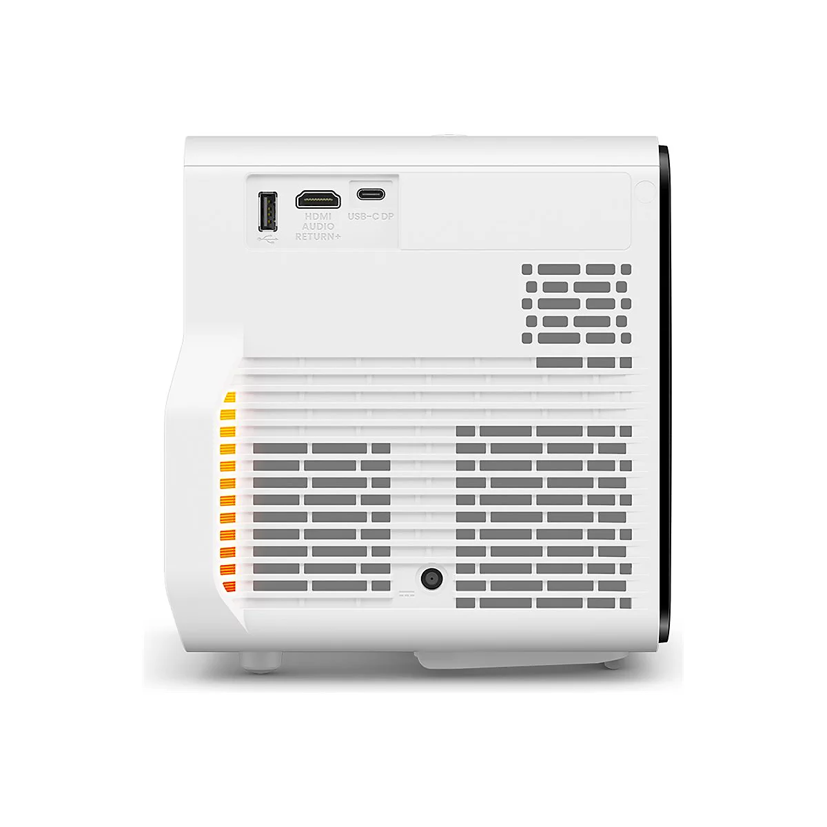 Weißer Projektor mit Anschlüssen, darunter HDMI und USB-C. Seitlich gelbe und orangefarbene Lichtleiste.