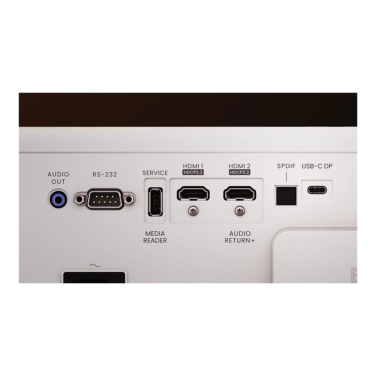 Gros plan de l'arrière d'un projecteur. Ports : Audio Out, RS-232, Service, HDMI 1 et 2, SPDIF, USB-C. Les étiquettes sont lisibles.