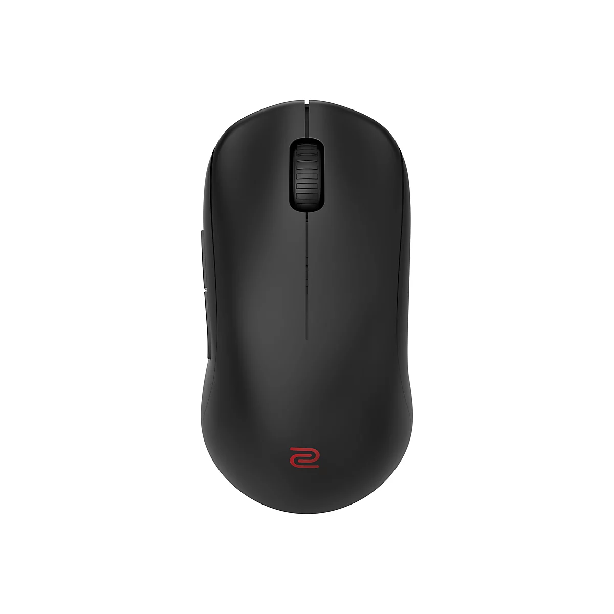 Vue de dessus d'une souris de jeu noire avec un logo rouge. La molette de défilement est visible.