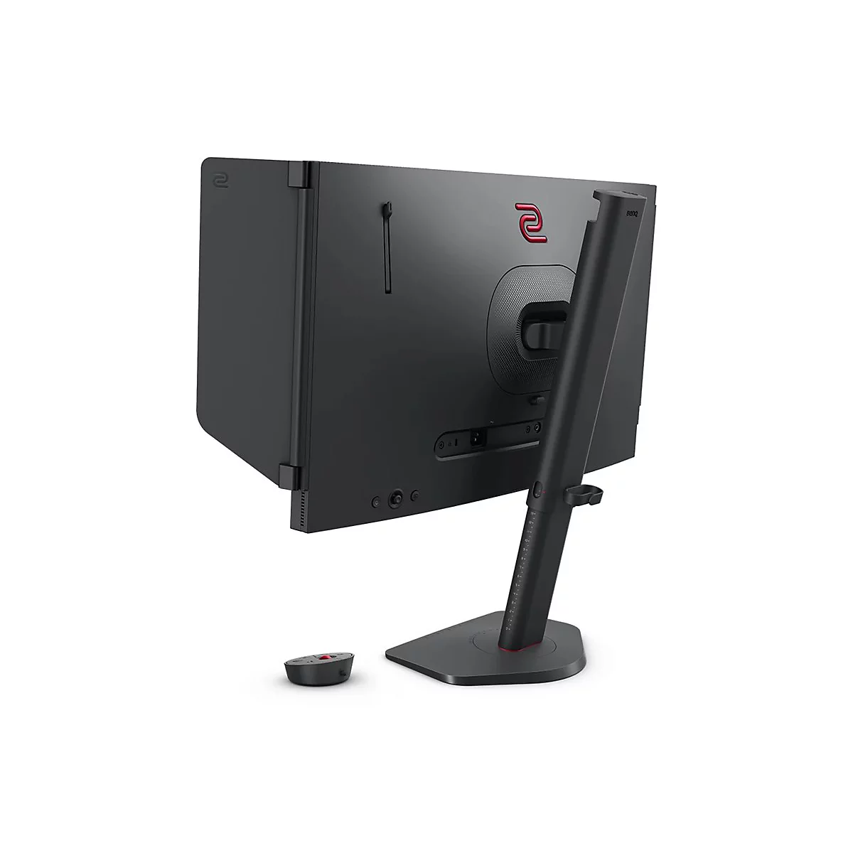 Rückansicht eines schwarzen Gaming-Monitors mit Standfuß, Sidetrades und separater Steuereinheit auf weißem Hintergrund.