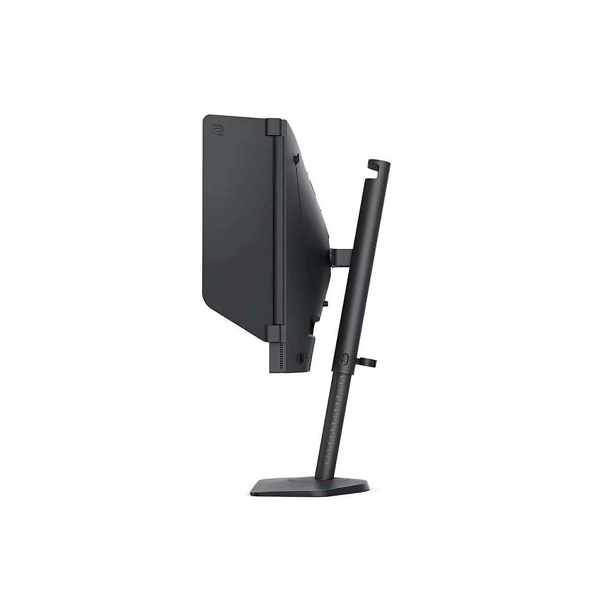 Seitliche Ansicht eines schwarzen Gaming-Monitors mit Sichtschutzblenden und einem verstellbaren Standfuß.