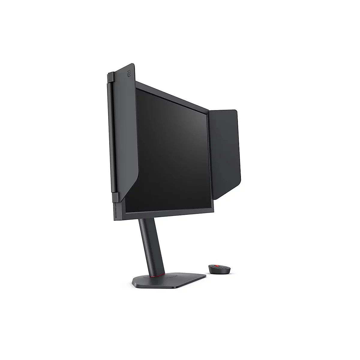 Schwarzer Gaming-Monitor mit Sichtschutzblenden auf einem Standfuß, daneben liegt ein S-Switch Controller.