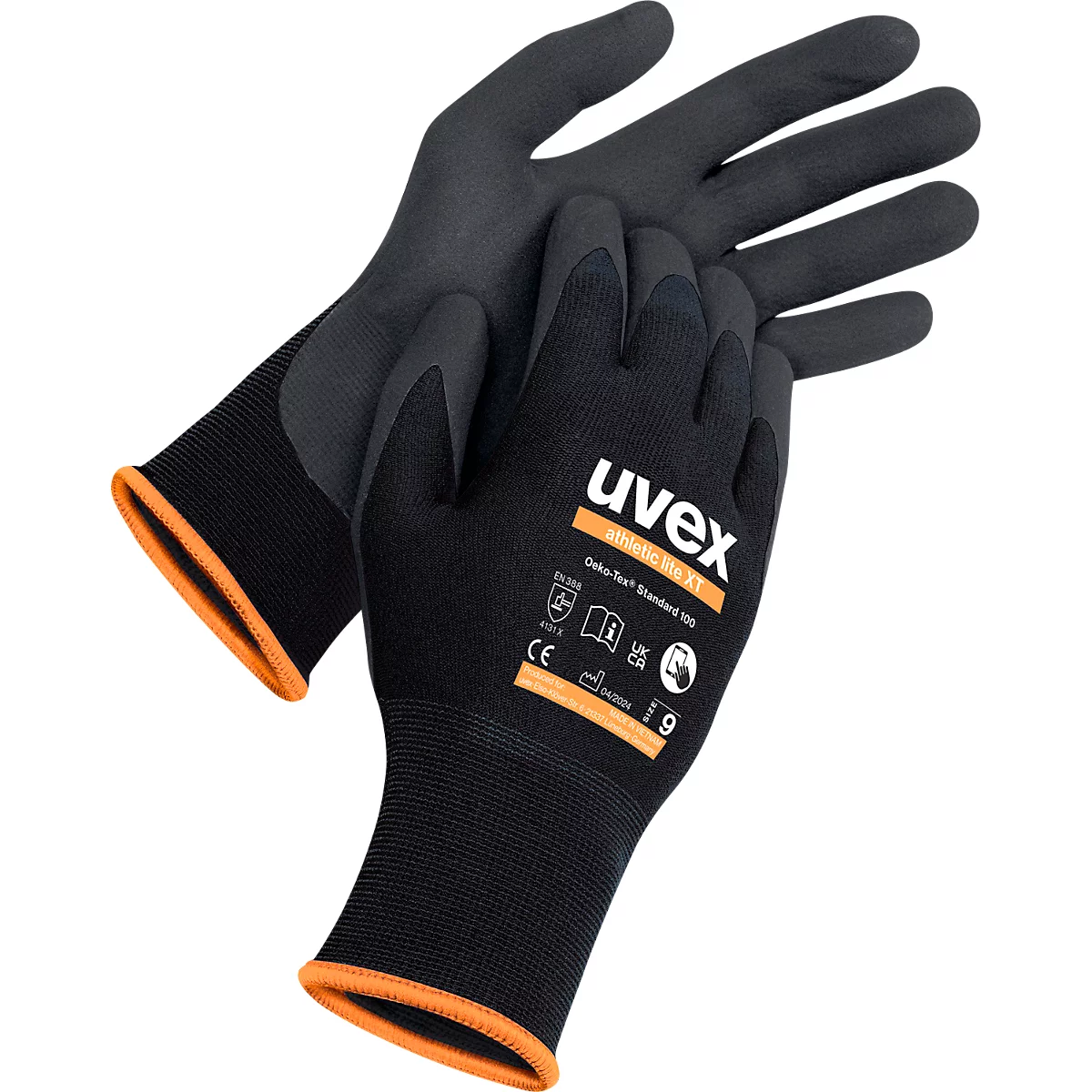 Zwarte beschermende handschoenen van het merk Uvex, met oranje boorden. Met opschrift 'Uvex' en productinformatie.