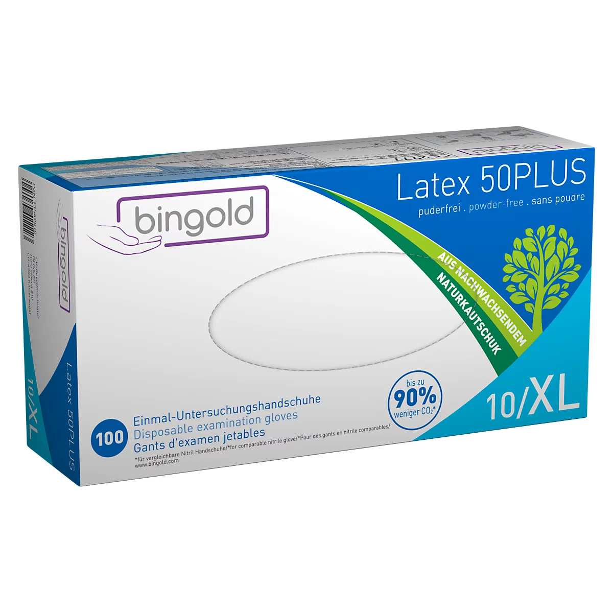 Witte doos handschoenen. Opdruk: 'bingold', 'Latex 50PLUS', 'natuurrubber', '100' handschoenen, '10/XL'.
