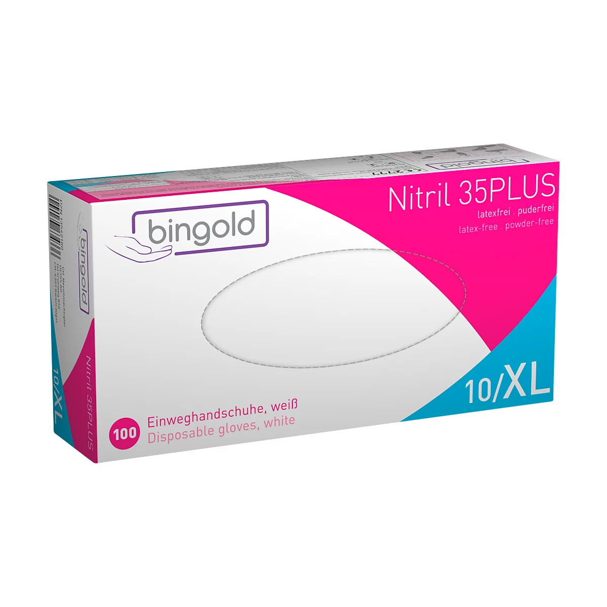 Witte doos met roze en blauwe accenten. Bedrukt: "bingold", "Nitril 35PLUS", "wegwerphandschoenen".