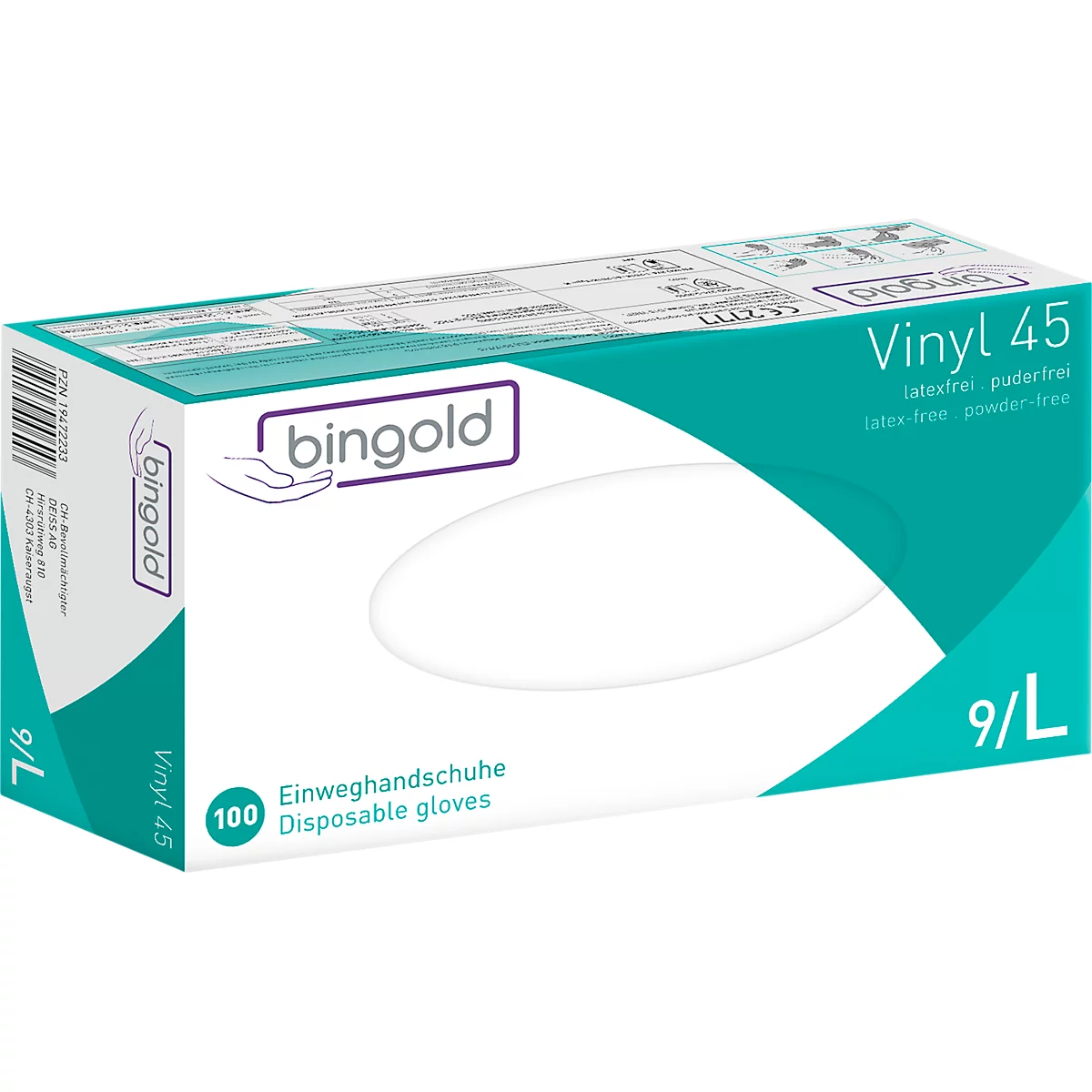 Een doos met blauwe bingold vinyl handschoenen. Opschrift: Vinyl 45 latexvrij, poedervrij, 100 wegwerphandschoenen, 9/L.