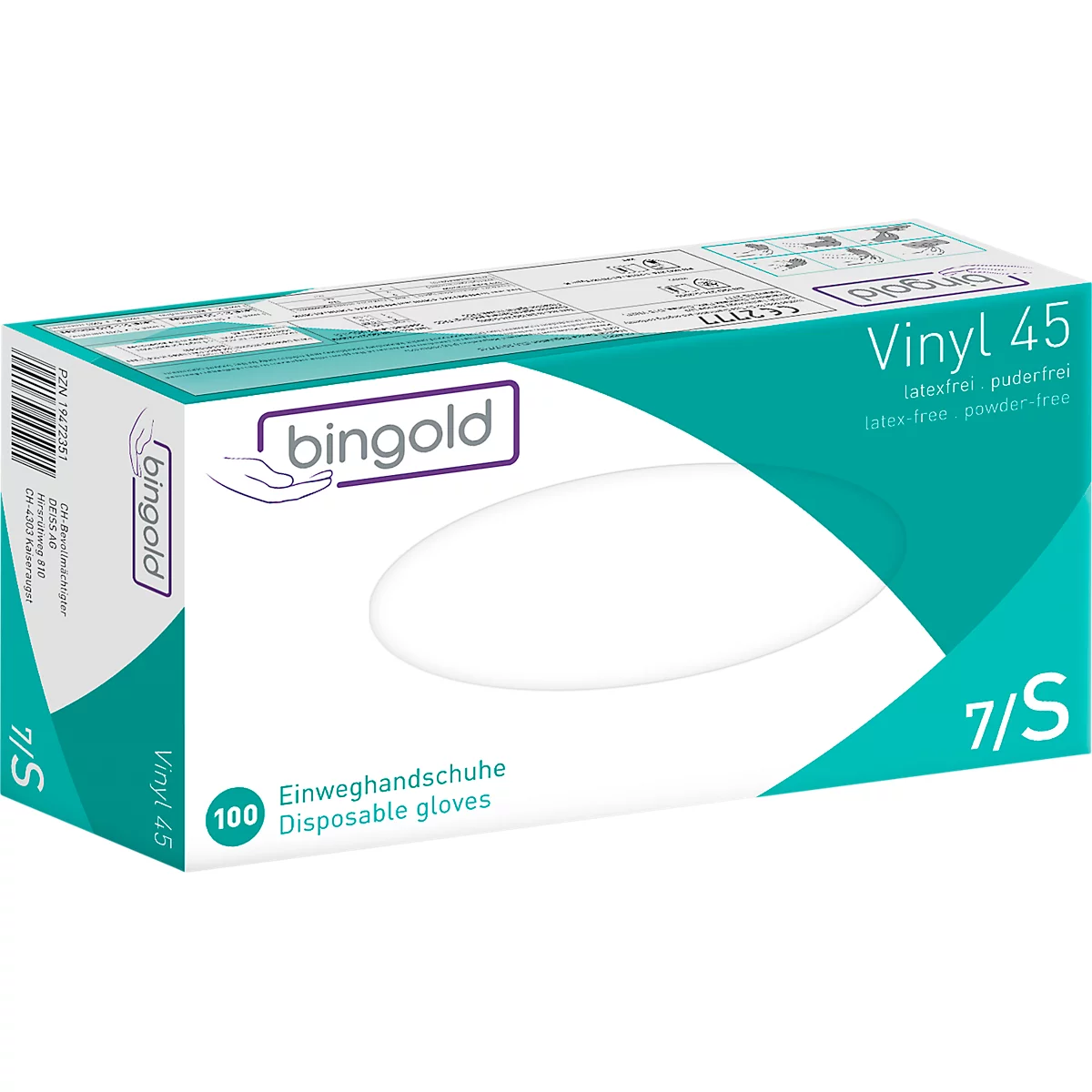 Witte doos met blauwe en turkooise letters. Opschrift: Vinyl 45, wegwerphandschoenen. Merk: bingold.