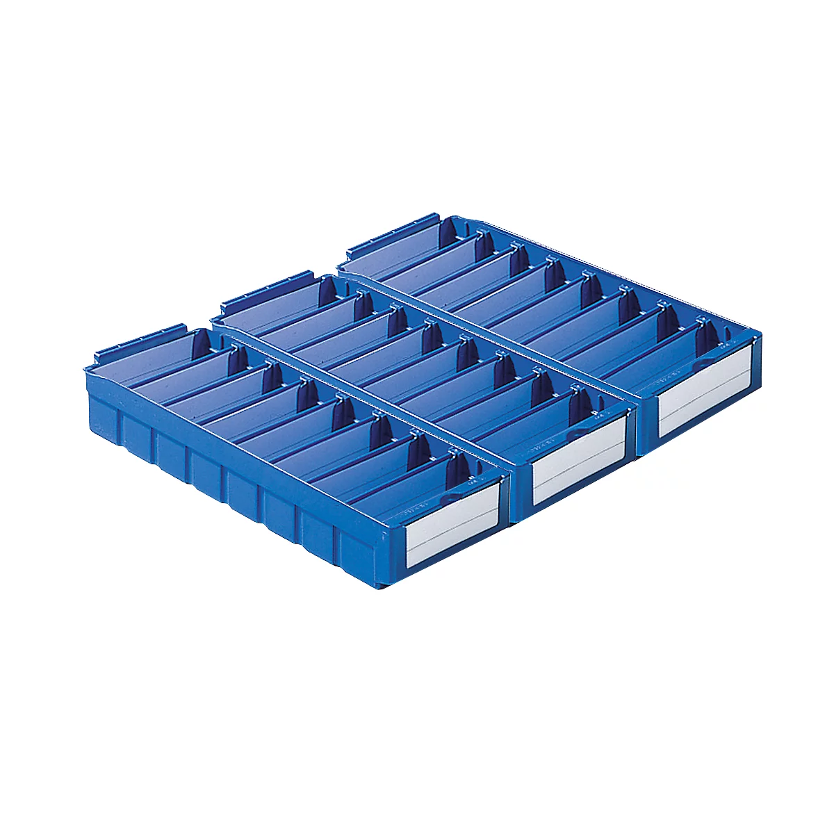 Blaue Kunststoffboxen mit mehreren Fächern, ideal zur Organisation von Kleinteilen.