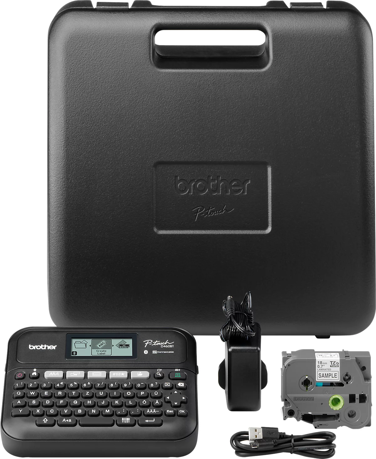Beschriftungsgerät Brother PT-D610BTVP, Thermotransfer, für 3,5-24 mm breite TZe-Schriftbänder, 30 mm/Sek., USB/BT, Zubehör