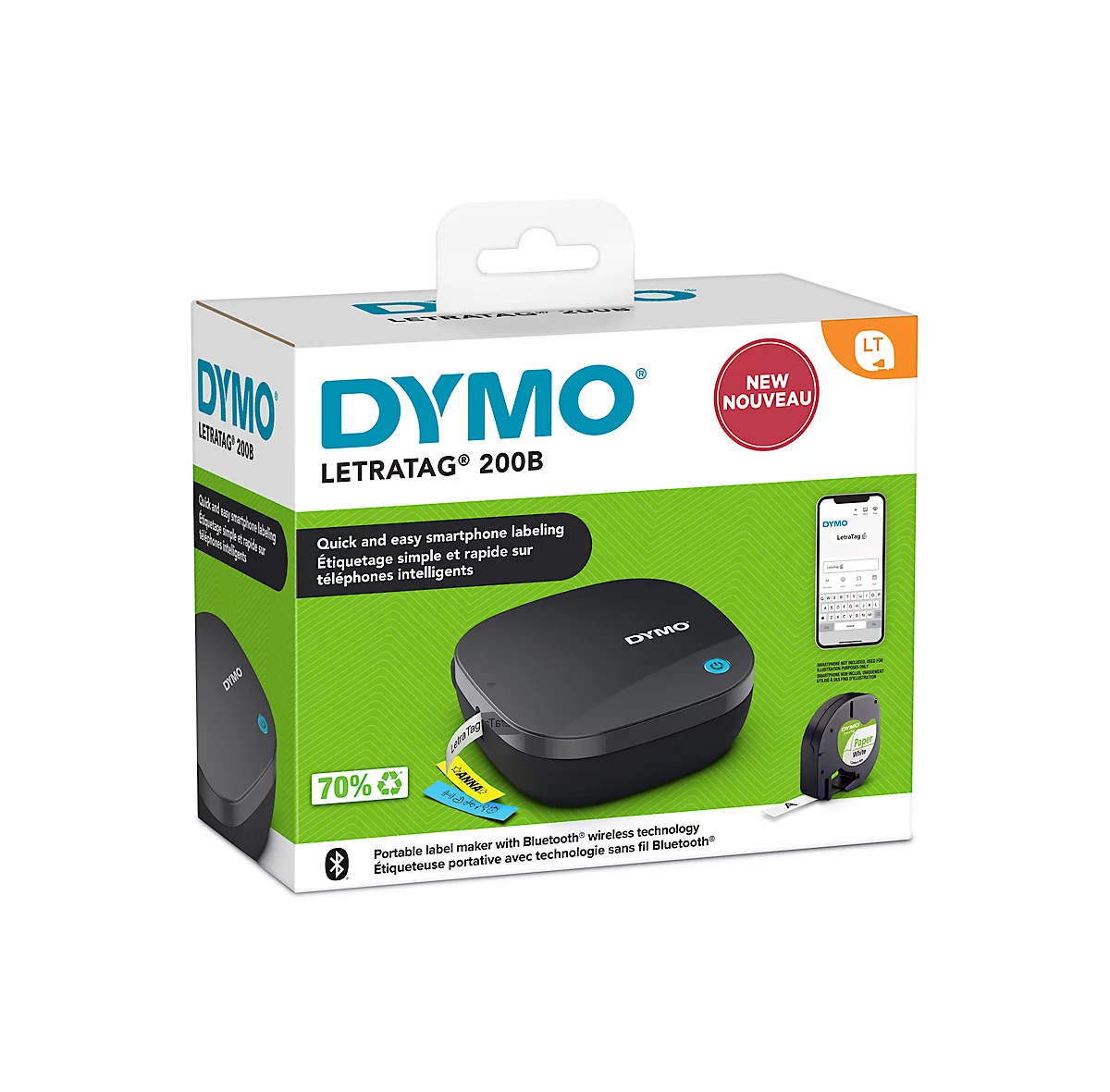 Beschriftungsgerät DYMO LetraTag® 200B, bis 12 mm Etikettenbreite, Thermodirektdruck, 160 dpi, Bluetooth® Wireless Tech, L 120 x B 120 x H 45 mm