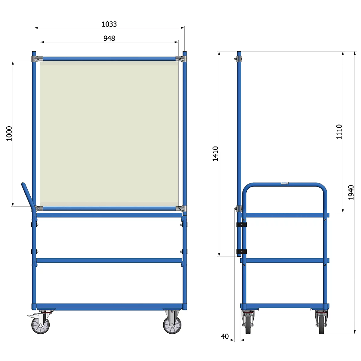 Besmettingsbeschermingsframe 5942 voor fetra-transportinrichtingen, stalen buis/PVC-folie, briljantblauw RAL 5007/transparant, L 1066 x B 49 x H 1410 mm