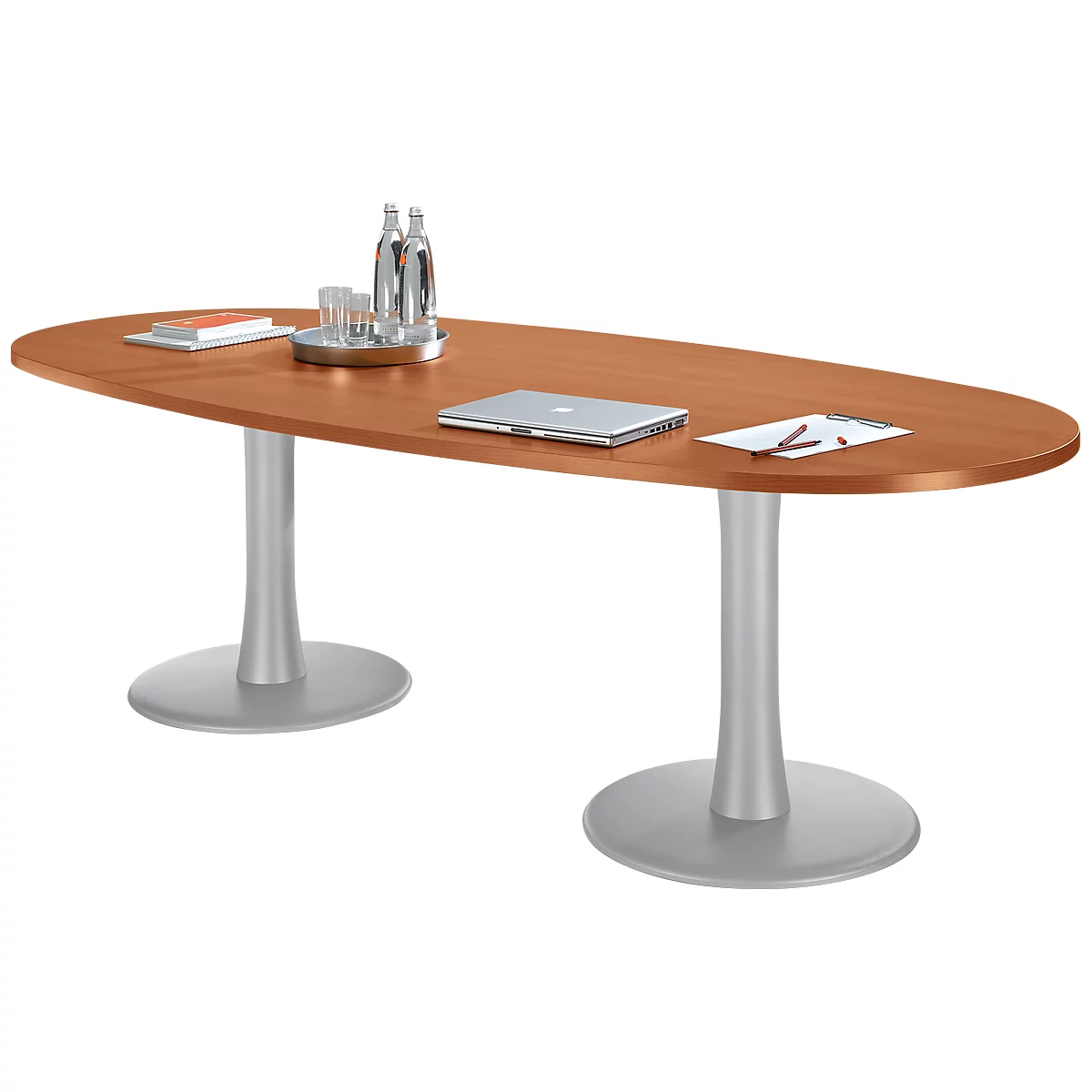 Besprechungstisch Phenor, bis 8 Personen, Oval, Tellerfuß, B 2400 x H 740 mm, Nuss Canaletto/weiß