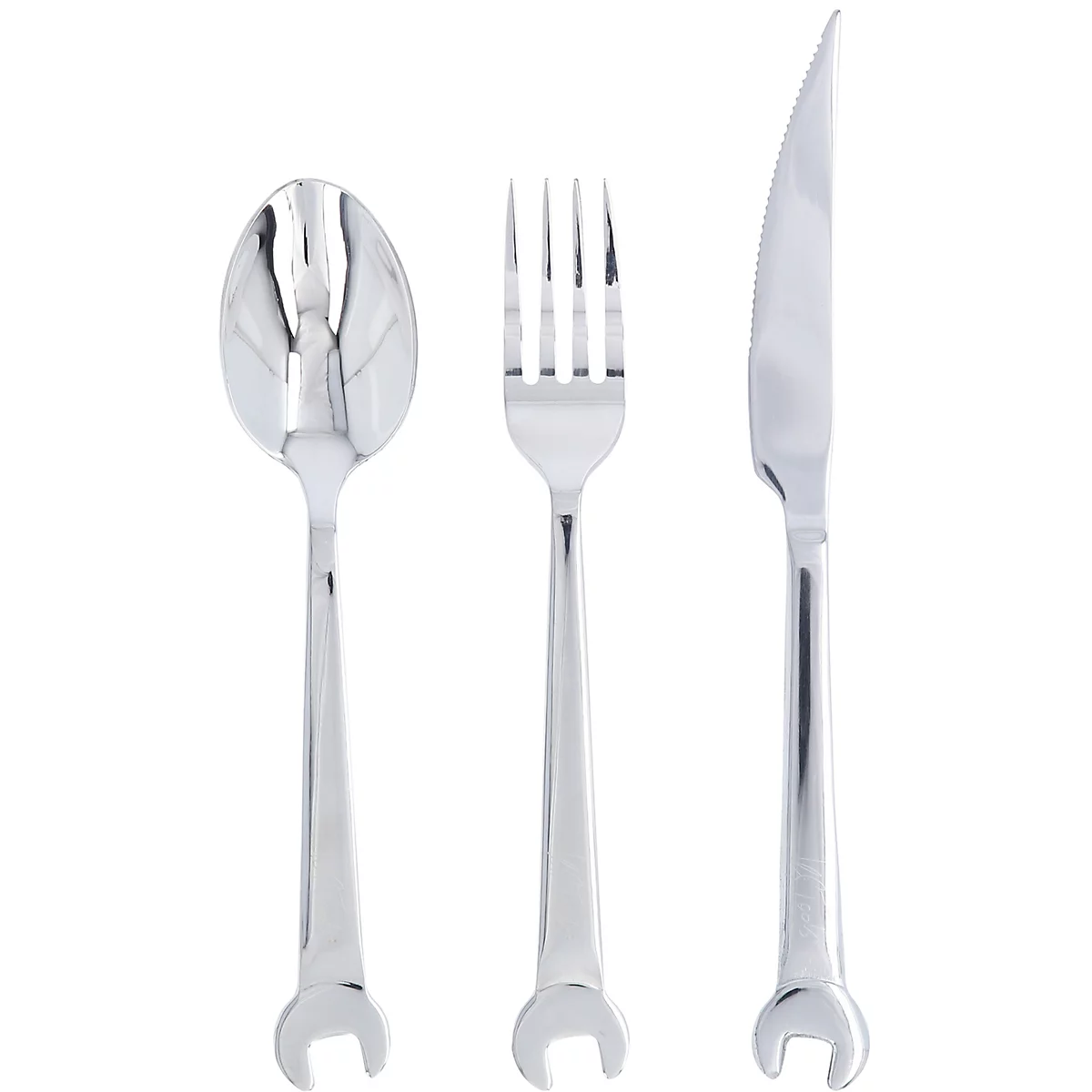 Besteckset mit silbernen Löffel, Gabel und Messer, deren Griffe in Schraubenschlüsselform enden.