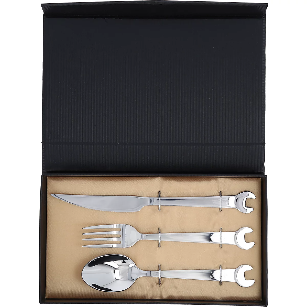 Besteckset in Geschenkbox. Messer, Gabel und Löffel, jedes mit Schraubenschlüssel-Griff.