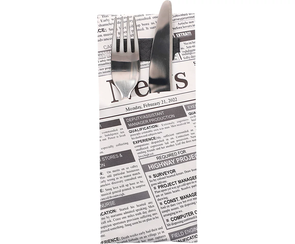 Bestecktaschen Papstar Newsprint, B 85 x H 200 mm, inkl. 2-lagiger Serviette B 330 x H 330 mm, FSC®-Papier, schwarz-weiß, 520 Stück