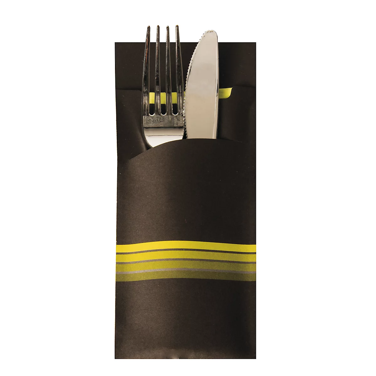 Bestecktaschen Papstar Stripes, inkl. weißer Serviette, 520 Stk., 200 x 85 mm, Papier, schwarz/limone