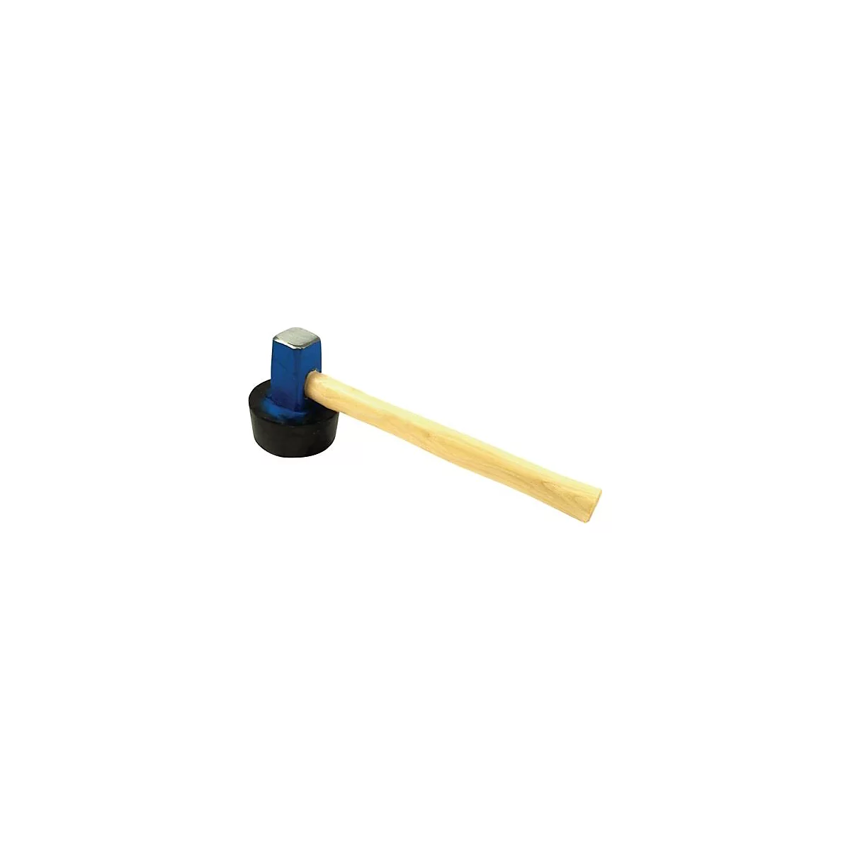 Een blauwe rubberen hamer met een houten handvat, tegen een witte achtergrond.