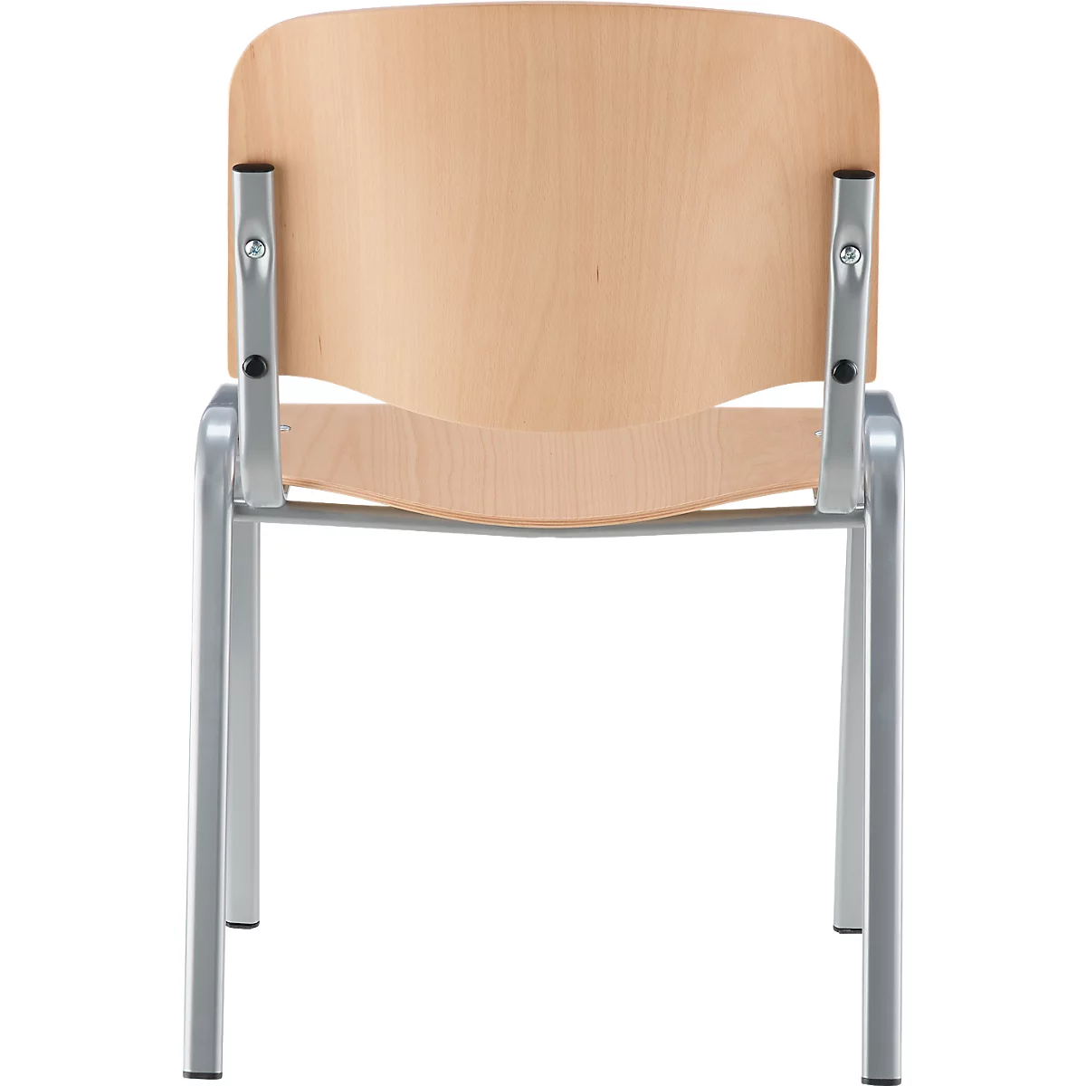 Rückansicht eines Stuhls. Holzlehne und Sitzfläche mit silbernen Metallbeinen.