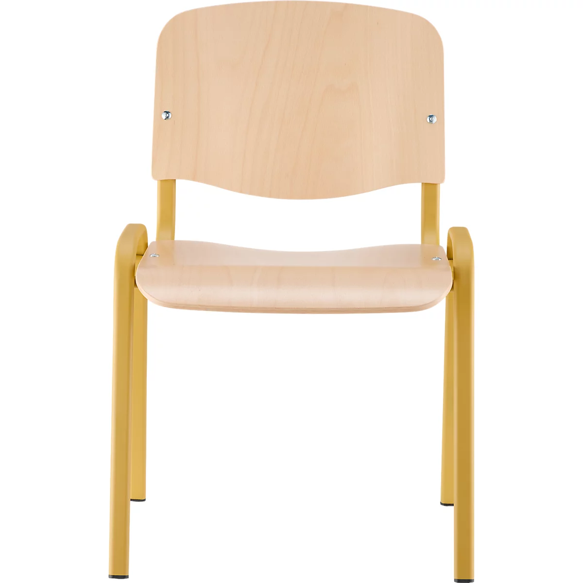 Stuhl mit hellbrauner Sitzfläche und Rückenlehne sowie gelben Beinen.