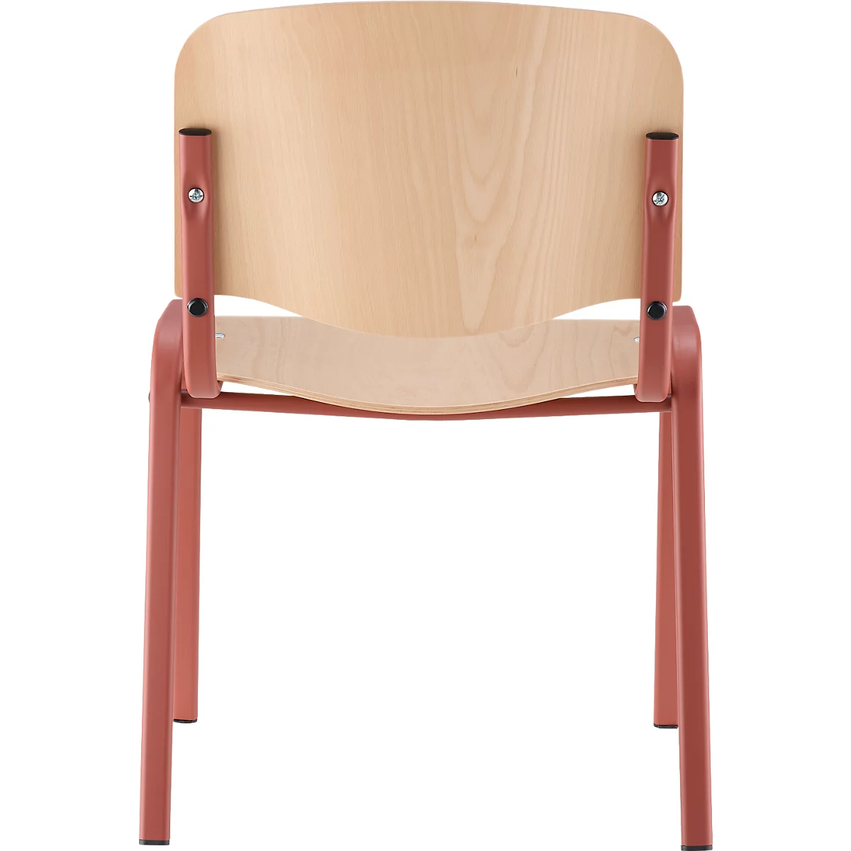 Rückansicht eines Stuhls mit Holzlehne und rotem Metallrahmen. Die Sitzfläche und die Rückenlehne sind aus hellem Holz.