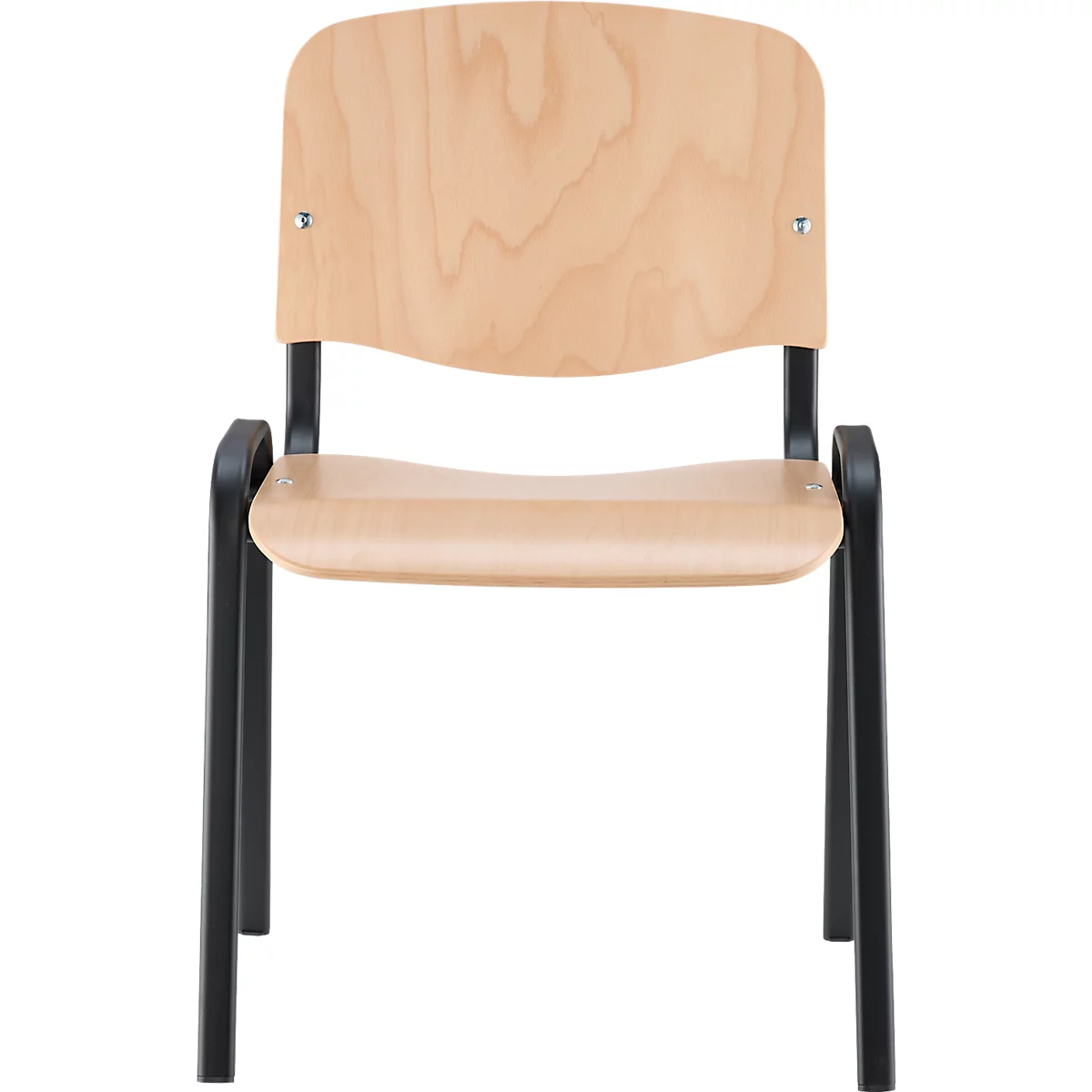 Ein Holzstuhl mit schwarzem Metallgestell. Die Sitzfläche und Lehne sind hellbraun, mit sichtbarer Holzmaserung.