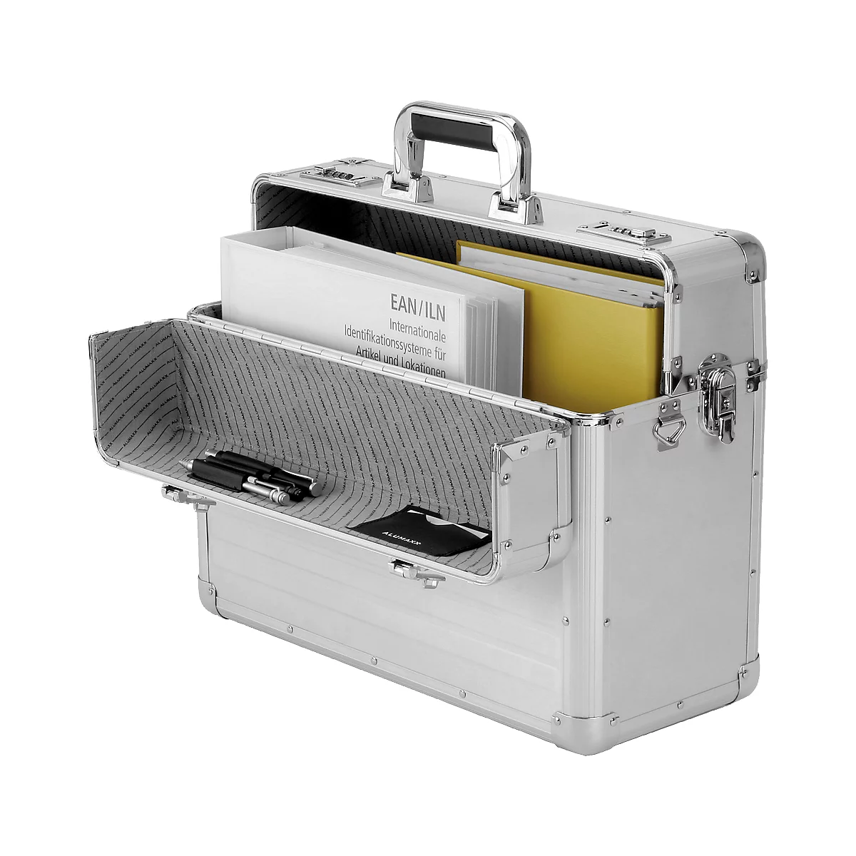 Open aluminium briefcase with documents, pens and a business card. Lined with fabric inside.