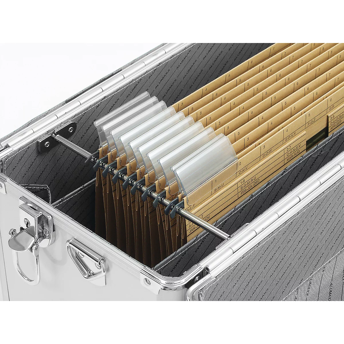 Silver case filled with hanging file folders. Clear, transparent tabs facilitate orientation.